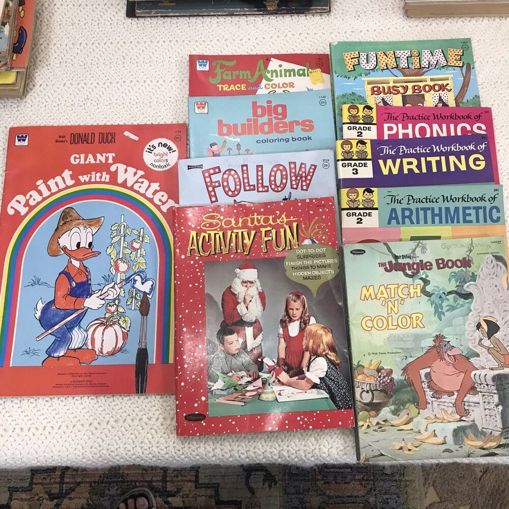 1960’s Vintage coloring 10 book lot , big mix of types, some pages colored